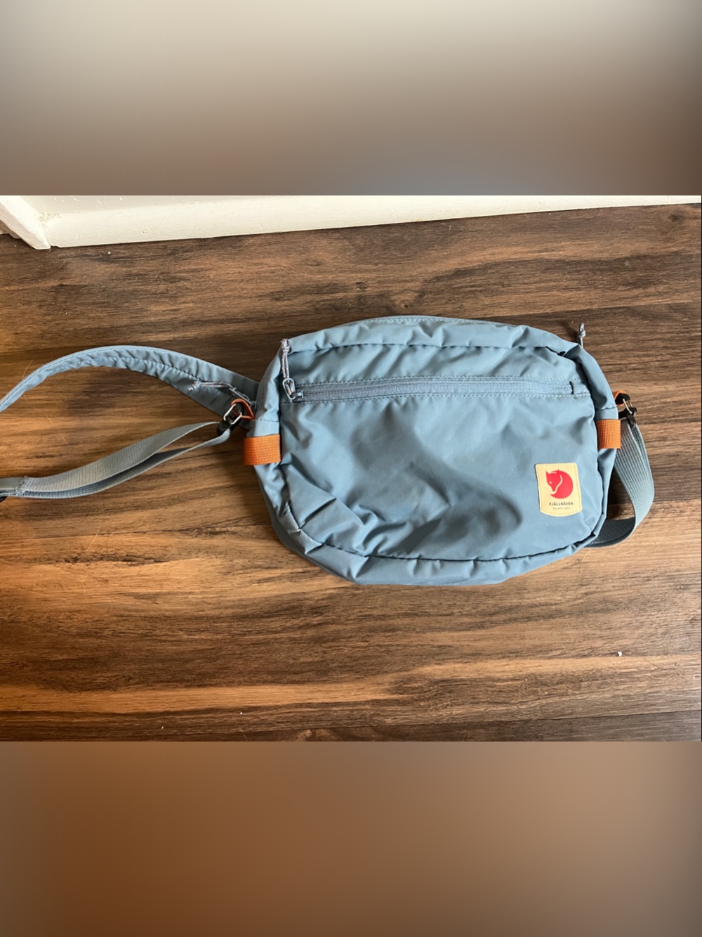 Fjallraven Light Blue Crossbody Sling with Orange Accents
